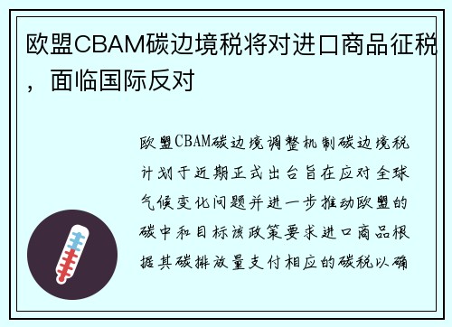 欧盟CBAM碳边境税将对进口商品征税，面临国际反对