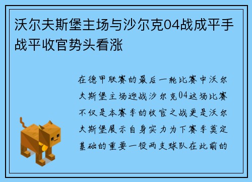 沃尔夫斯堡主场与沙尔克04战成平手战平收官势头看涨